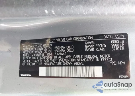 2012 Volvo Xc90 3.2/3.2 Platinum/3.2 Premier Plus from USA, damaged, VIN YV4952CZ5C1610289